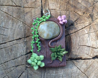 Clay Pendant with Stone and Succulents