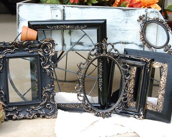 Black Picture Frames Set - Wedding Frames - Gallery Picture Frames - Vintage Style Frames - Set Of 6 Shabby Chic Wall Frames