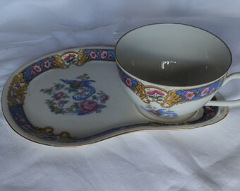 1930's Union Czecho Slovakia Blue and Pink Floral Bird of Paradise Tea Cup and Plate Set