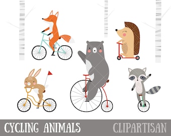Cycling Animals Clipart | Bear Riding a Bicycle | Fox Illustration | Rabbit Illustration | Raccoon Illustration
