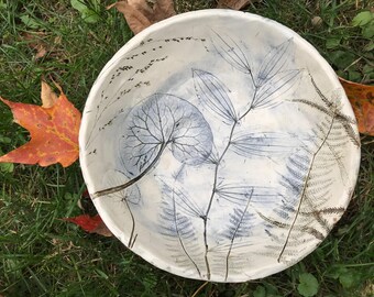 Wildflower plant impressions in hand-made pottery bowl for someone that loves nature.