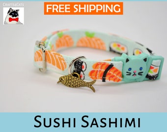 Breakaway cat collar 'Sushi Sashimi',cat collar,kitten collar,cat collar with fish charm,mint cat collar,blue,silver,Crafts4Cats