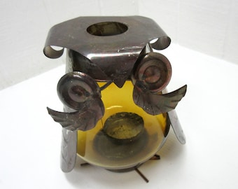 Vintage Owl Candle Holder Glass And Metal Owl Figurine Candle Holder Folk Art Owl