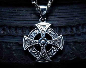 Celtic Cross Necklace. Solar Druid Sterling silver talisman. Irish pendant. Pagan amulet