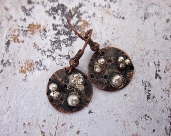 Moonscape Drop Earrings, Sterling Silver and Copper, Hammered Metal, Mixed Metal Jewelry, Gift for Her, Mother's Day, Lunar Inspired Jewelry