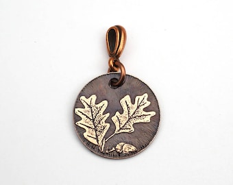 Copper acorns and oak leaves pendant, small round flat jewelry, optional necklace, 22mm