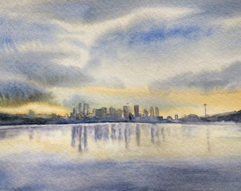 Seattle painting, Seattle Skyline, Seattle watercolor, Gas works park, Seattle art, Stormy skies, rainy Sky, Seattle Sky