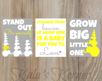 Elephant Nursery Art, Yellow Gray, Playroom Art, Elephant Decor, Children wall art, Baby, Dumbo , Elephant Art, Elephant Print, Baby Name