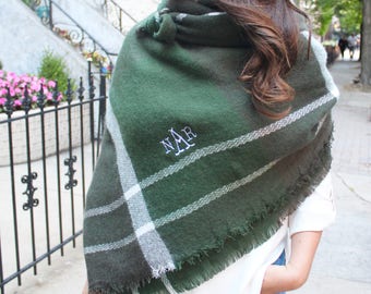 Monogrammed Blanket Scarf - Green & White - Game Day / Tailgate