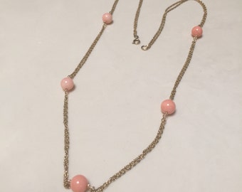 Genuine Angel Skin Coral Bead Necklace 12K Yellow Gold Textured Double Rope Chain Vintage 1970s