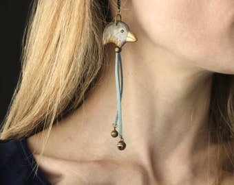 Very long earrings • bird earrings Bohemian jewelry • narrative jewelry • handmade • unique Piece