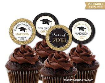 Graduation Cupcake Toppers Printable Black Gold Glitter Graduation Decorations Grad Party Decor Graduation Decor Personalized Favor Tags