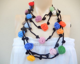 Black Crochet Scarf-Ivy Rose Scarf-Lariat Scarf-Handmade Long Scarf -Crochet Jewelry Scarf