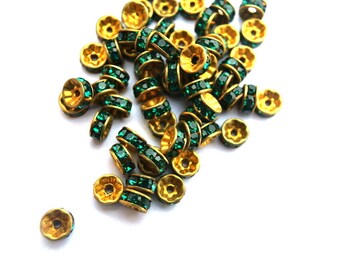 10 Vintage Swarovski rondelle beads green crystal rhinestone on gold color base 5mm spacer beads