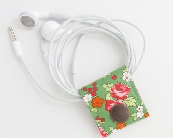 Small Cord Keeper | Floral cotton print fabric earbud cord organizer holder for small cords and cables.