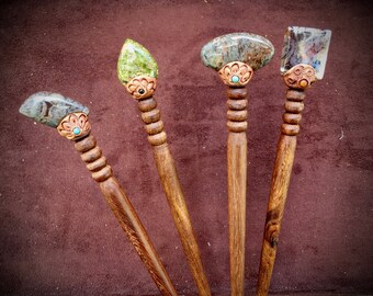 HAIR WOOD: Rhyolite and Picasso jasper fixed with resin, Baguette hair