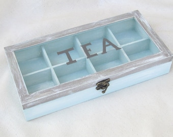 Wooden tea box blue brown with compartments, tea storage box , box glass lid, gift for tea lover ,coastal decor , tea bags organizer