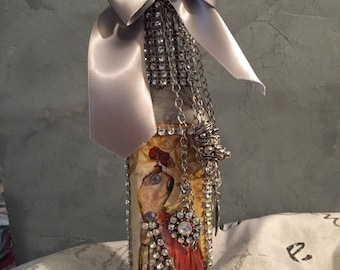 Altered bottle ,mixed media art bottle ,vintage decanter ,home decor, decorative accessories