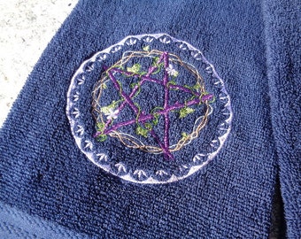 Embroidered Pentangle Decorative Hand Towel in Navy Blue
