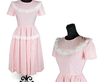 1940s Dress // Pink White Striped Eyelet Lace Ruffle Puff Sleeve Cotton Dress