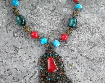 Pendant Necklace Handcrafted Coral look glass Pendant Necklace-Beaded Necklace-Tribal Pendant Necklace-Multi Colored Beaded Necklace