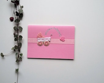 Baby Girl Card - Welcome Baby Girl - Baby Pram Card - a6 baby girl card, new baby girl, it's a girl card, new arrival card, recycled card