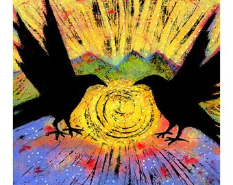 Raven Art Print. Gallery Wrapped Canvas Bird Print. Two Ravens Sit and Reflect on the Sun. Black Bird Art. Gifts for Women.