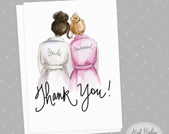 Thank you! Bridesmaid Card: PDF Dark Brunette Bride and Dark Blonde Bridesmaid, Thank you card PDF printable card