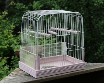Vintage Birdcage , Metal Birdcage Painted White and Pink with Swing and Perches , Decoupaged Bottom , Birdcage Centerpiece for Arrangements