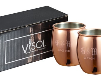 Set of 2 Personalized Moscow Mules, Mirrored Finish Moscow Mule, Groomsmen Gift, Birthday Gift, Gift for Couple, Anniversary Gift VAC373SET