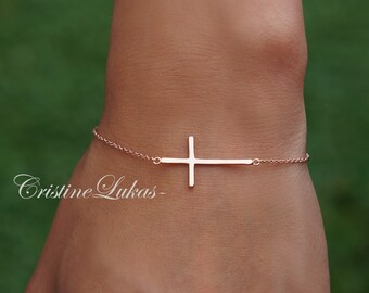 Sideways Cross Bracelet - 10K, 14K, 18K Solid Gold or Silver - Celebrity Style Horizontal Cross Bracelet in Yellow, Rose or White Gold