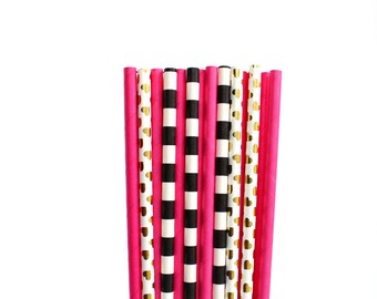 Kate Spade Inspired Paper Straws, Kate Spade inspired Bridal Shower, Kate Spade inspired Party Decorations, Pink, Black & Gold KATEstraws101