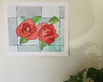 Original watercolor based on a Modernist window Gaudi mordernism wall art deco Roses