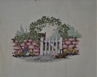 Finished Cross Stitch Gate and Flowers