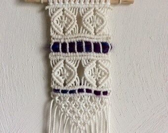 Small Macrame Wall Hanging // Tapestry with Purple Details