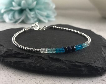 Teal Blue Ombre Bracelet, Thin Apatite Bracelet, Moonstone, Sapphire, Dainty, Skinny