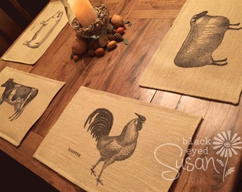 Farm Animal Placemat of Natural Burlap or Canvas | Fully Lined w/ Cotton Canvas Backing | 11" x 16"