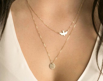 necklaces dainty necklace layered initial delicate silver rose bird disk 14k disc sterling fill