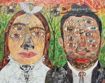 Large Original Collage Art - the Bride and Groom - Wedding Outsider Folk Art Painting - Abstract Eyes