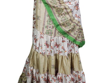 White Beige Printed Silk Sari Wrap Skirt Floral Print Boho Chic Summer Style Ruffle Maxi Skirts