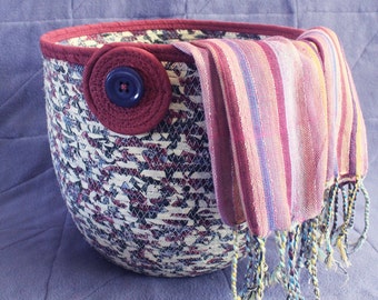 Fabric Coiled Basket / Rope Bowl / Plant Pot / Coiled Clothesline Extra Large Round Evening Garden by PrairieThreads
