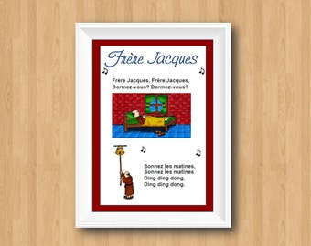 Brother jack French Poster Song Nursery decor / Frère Jacques / Nursery Rhyme / song lyrics Print / Nursery Print / Classroom Decor