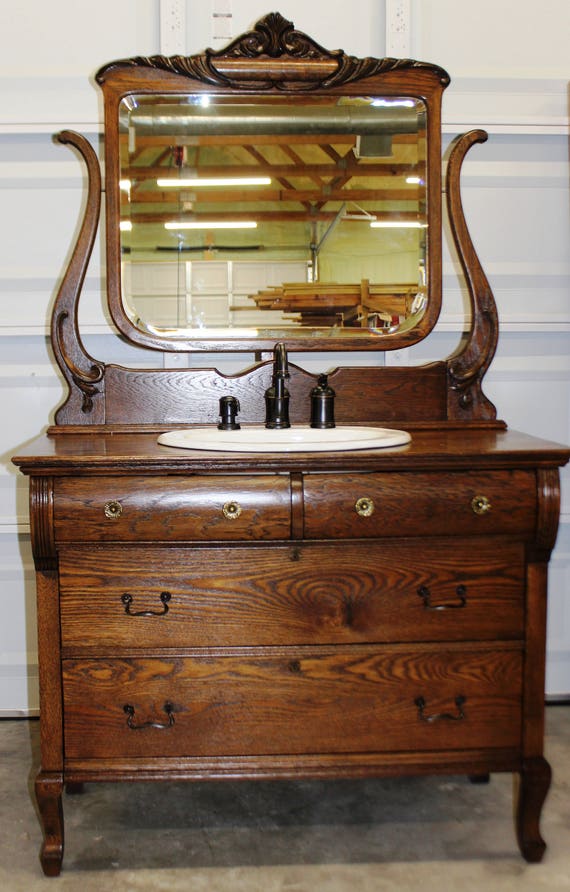 Antique Dresser for Bathroom Vanity with Mirror / Sink and bronze faucet included in price / Oak / 4-drawer cabinet / Vintage / Early 1900's