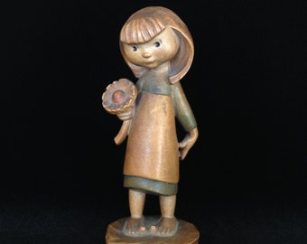 carved wooden girl figurine young flower child vintage Anri Italy collectible