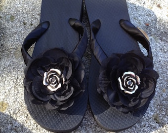 Bridal Flip Flop/Wedges/Sandals.Beach Weddings.Black Flip Flops. Bridesmaids Flip Flops. Destination Weddings.Bling Flip Flops.