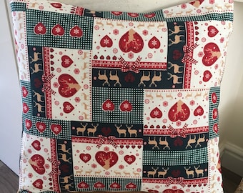 Shabby Chic Patchwork Love Heart/Reindeer 16" Cushion Cover