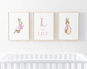 Baby girl Peter Rabbit Beatrix Potter nursery print | bunny prints | rabbit nursery art | gift | present | pink and white