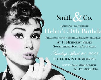 Breakfast at Tiffanys / Breakfast at Tiffanys Invite / Tiffanys / Audrey Hepburn / Breakfast at Tiffanys Birthday / Tiffanys Blue