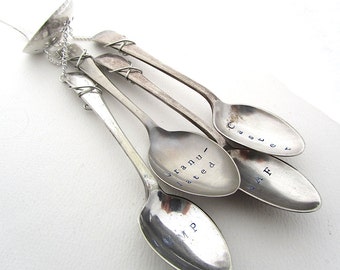 Four Sugars, Upcycled Spoon Windchime, Kitchen Mobile, Vintage Cutlery Wind Chime, Sugar Sifter Spoon, Handstamped Teaspoon Art