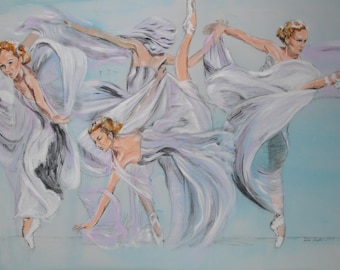 Dancing is blue our lives, fairy dance, pushing, acrylic painting, women, dance, original art, Ballet, group of people, painting.